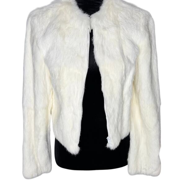 BEBE Ivory Cream Rabbit Fur Cropped Zip-up Jacket Lined Coat size Small - Picture 2 of 13